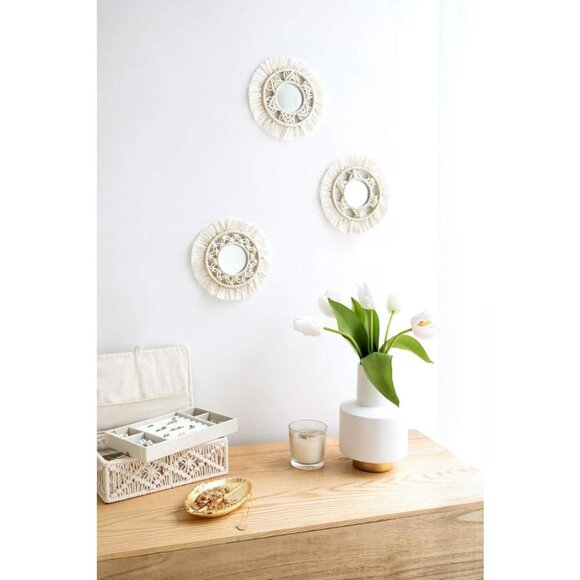 THREE (3)PC Set of Wall Mirrors Boho Beige Macrame Bohemian Global Decor NEW NIB - Picture 11 of 11